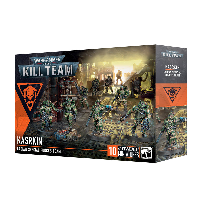 Warhammer 40k: Kill Team - Kasrkin by Games Workshop features 10 Cadian Infantry miniatures with weapons on round bases, set in an industrial sci-fi theme.