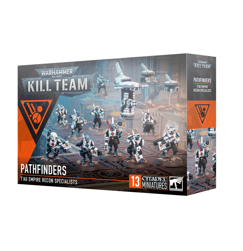 Warhammer 40k: Kill Team - Pathfinders box, containing T’au Empire recon specialist miniatures in white armor and marked with an orange label indicating 13 Citadel Miniatures. Please be aware that distribution restrictions may apply—shipping for this product is limited in certain regions.