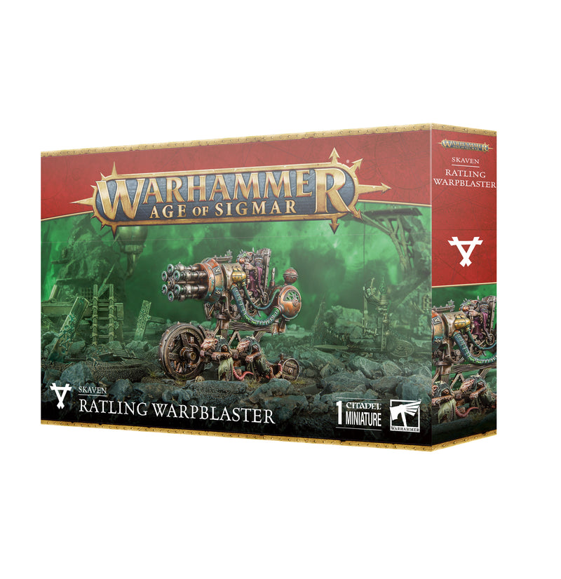 Box of Warhammer Age of Sigmar: Skaven - Ratling Warpblasters push-fit miniatures, with artwork of the weapon in battle.