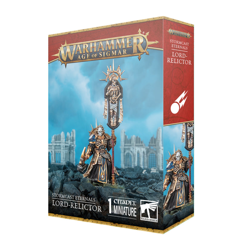 Box of Warhammer Age of Sigmar: Stormcast Eternals - Lord Relictor, featuring a painted miniature holding a staff, displayed amidst ancient ruins beneath a cloudy sky, and includes a Citadel 40mm Round Base.