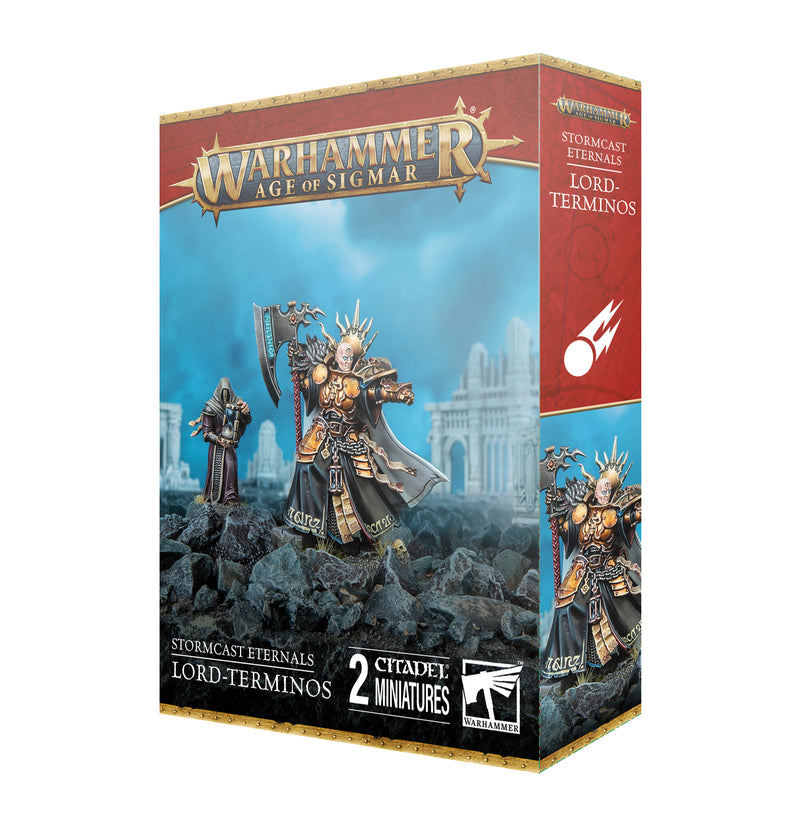 The Warhammer Age of Sigmar: Stormcast Eternals - Lord-Terminos box showcases two intricately armored fantasy miniatures wielding weapons, set against a backdrop of ruins and featuring official product branding. The set includes plastic components from Games Workshop.