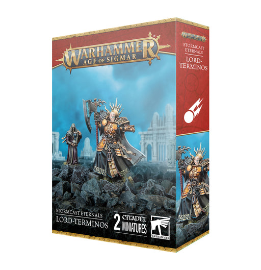 The Warhammer Age of Sigmar: Stormcast Eternals - Lord-Terminos box showcases two intricately armored fantasy miniatures wielding weapons, set against a backdrop of ruins and featuring official product branding. The set includes plastic components from Games Workshop.