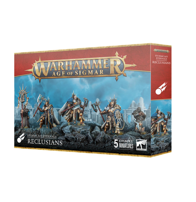The Warhammer Age of Sigmar: Stormcast Eternals - Reclusians box includes five detailed plastic miniatures in ornate armor by Games Workshop, each on a Citadel base.