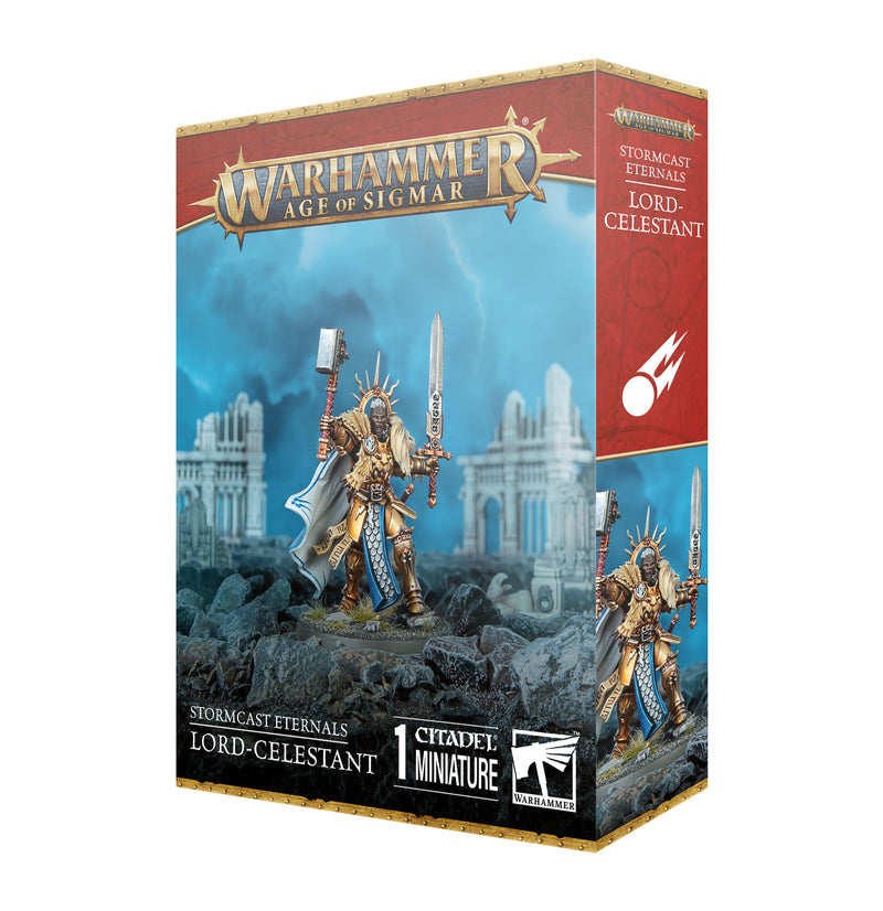 Warhammer Age of Sigmar: Stormcast Eternals - Lord-Celestant includes a plastic miniature on 40mm base, hero with sword and hammer.