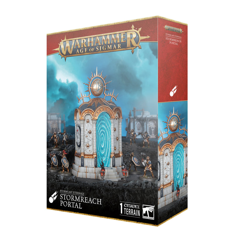 Box for Warhammer Age of Sigmar: Stormcast Eternals - Stormreach Portal by Games Workshop, fantasy battlefield art, unassembled parts.