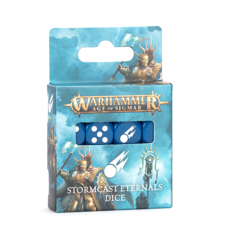 A box of Warhammer Age of Sigmar: Stormcast Eternals - Dice featuring royal blue dice with white symbols and fantasy artwork.