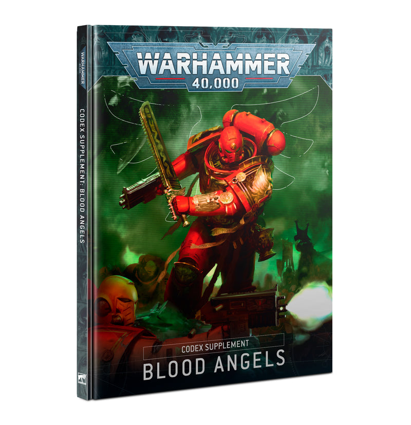 The cover of Warhammer 40k: Blood Angels Codex Supplement shows a red-armored Space Marine leaping into battle.