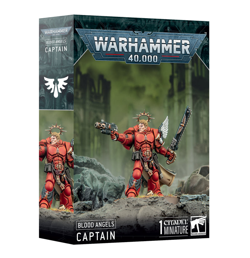 Box of Warhammer 40k: Blood Angels - Captain plastic miniature from Games Workshop, featuring artwork of a red-armored, winged Space Marine wielding a sword and gun against the backdrop of a futuristic ruined city. Includes a Citadel 40mm Round Base.