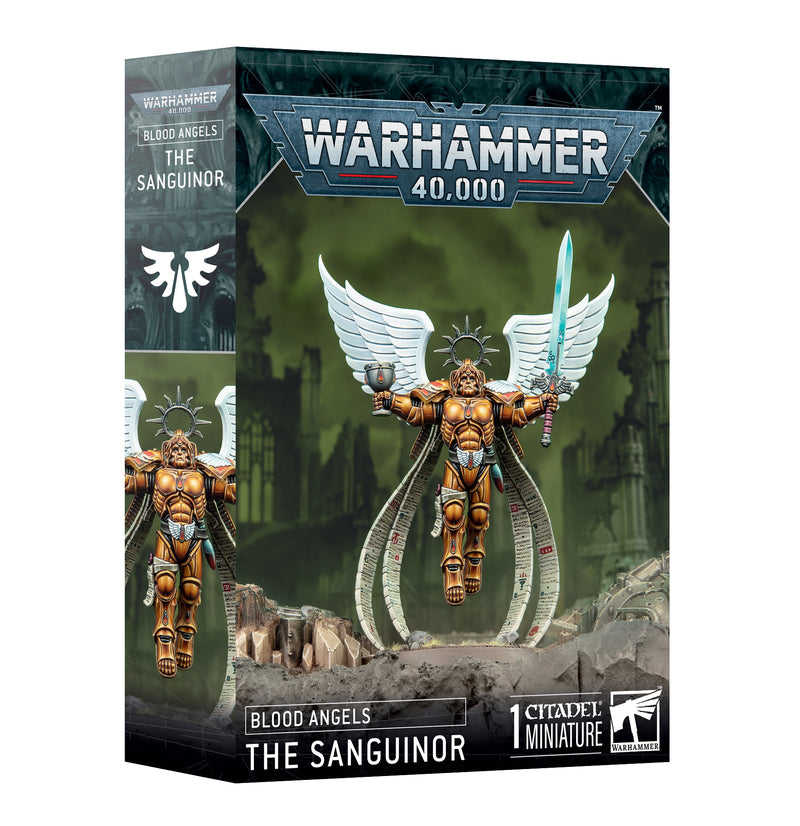 Warhammer 40k: Blood Angels - The Sanguinor by Games Workshop includes a gold-armored, winged miniature with sword and halo, plus base.