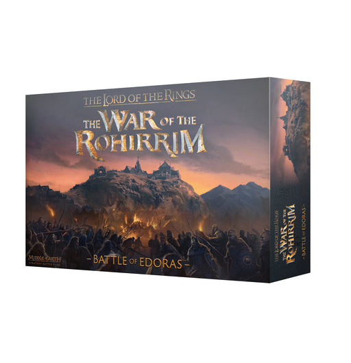 A board game box for LOTR: Middle Earth Strategy Game: War of the Rohirrim: Battle of Edoras, showcasing artwork of a fortress under attack at sunset with riders and soldiers in the foreground. This Games Workshop edition is available to ship to the United States.