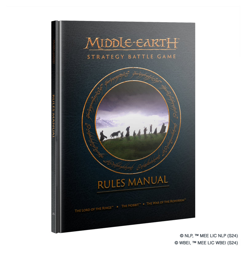 The LOTR: Middle Earth Strategy Game: 2nd Edition Rulebook is a hardcover featuring a dark cover with the Fellowship of the Ring silhouette and gold Elvish script.