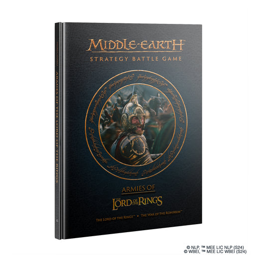 The image features the LOTR: Middle Earth Strategy Game: Armies of the Lord of the Rings book from Games Workshop, depicting a central armored warrior surrounded by Elvish script on a dark background. Please note there may be distribution restrictions and it may not ship to the United States.