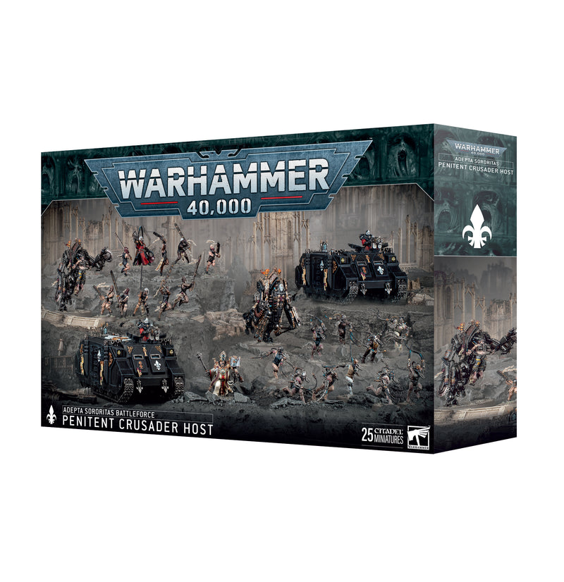 Warhammer 40k: Adepta Sororitas Battleforce: Penitent Crusader Host box showcasing painted Games Workshop miniatures, with detailed vehicles and warriors from the Adepta Sororitas army, displayed against a striking battle-themed backdrop.