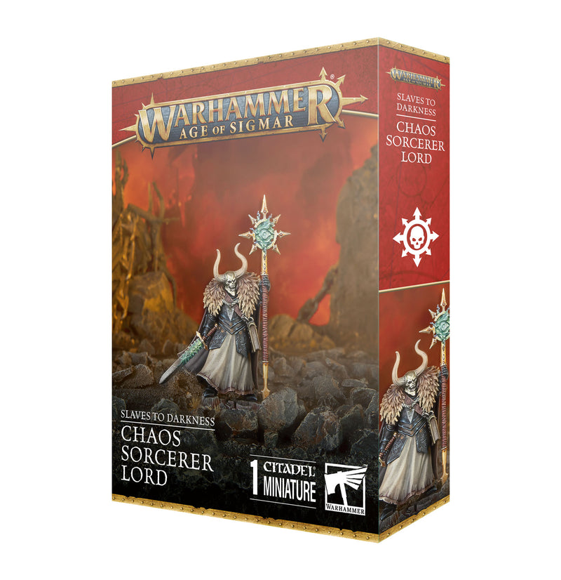 Warhammer Age of Sigmar: Slaves to Darkness - Chaos Sorcerer Lord miniature, horned figure with staff, fiery backdrop, 40mm base.