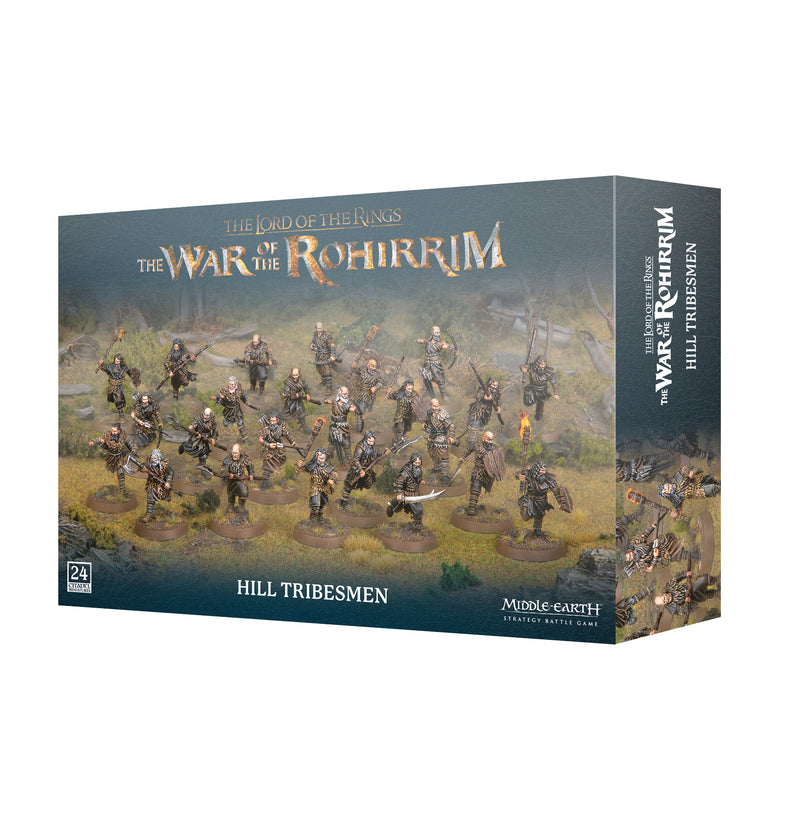 The LOTR: Middle Earth Strategy Game: Hill Tribesmen box set features 24 detailed miniatures depicting a dynamic battle scene, perfect for expanding your Games Workshop collection.