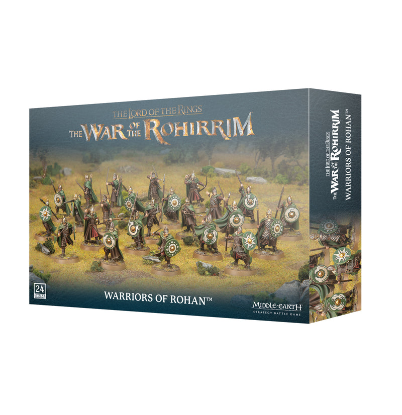 Box of LOTR: Middle Earth Strategy Game: Warriors of Rohan miniatures, featuring painted Warriors of Rohan with shields and weapons on a grassy battlefield. The packaging displays the Games Workshop and Middle Earth Strategy Game logos and text.