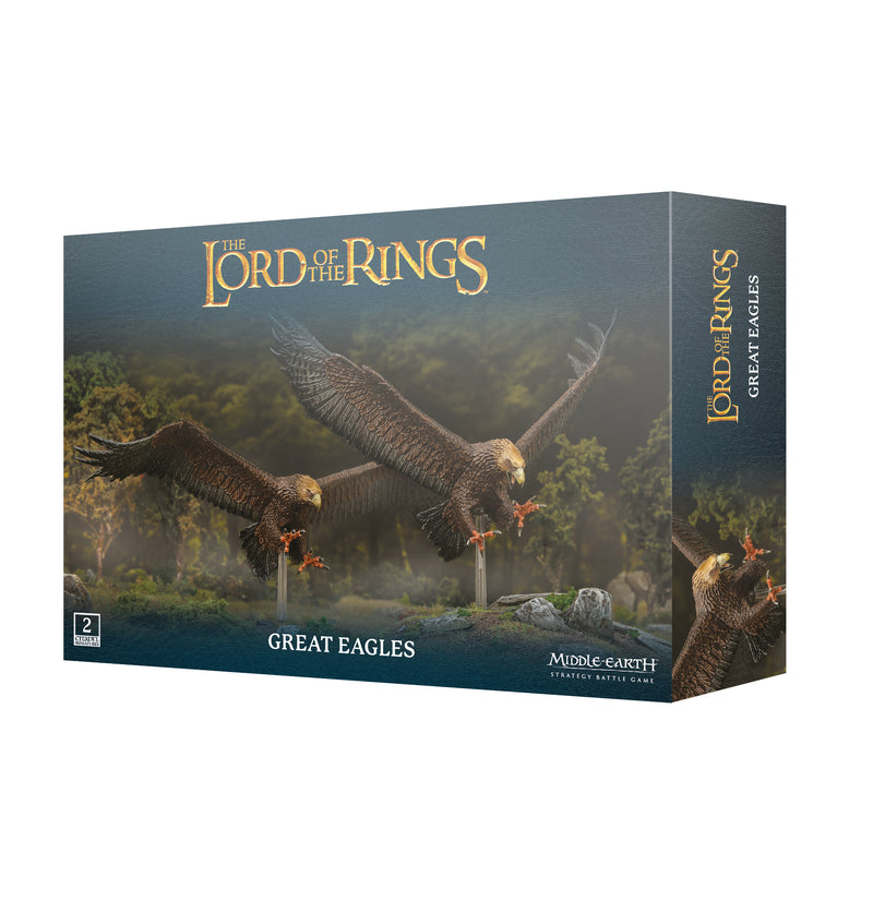 A box for LOTR: Middle Earth Strategy Game: Great Eagles by Games Workshop, showing two Great Eagles soaring above a forest with the product name prominently displayed.