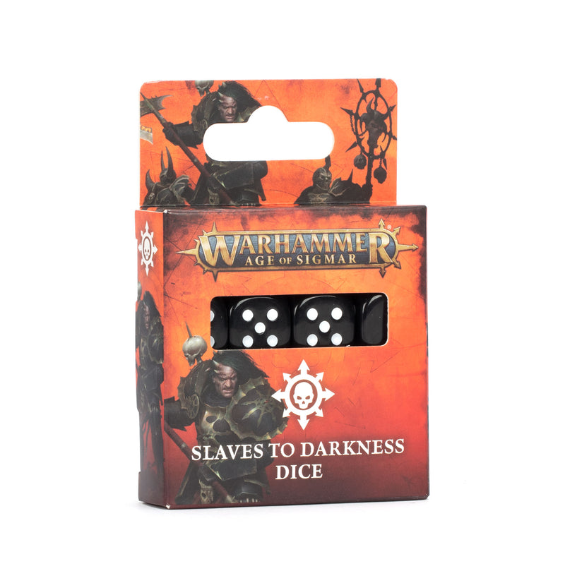 A package of Warhammer Age of Sigmar: Slaves to Darkness Dice (2024), with two black dice in a red box with fantasy artwork.