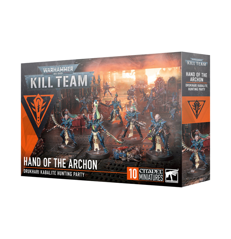 Warhammer 40k: Kill Team - Hand of the Archon features 10 Drukhari Kabalite miniatures, sci-fi setting, Games Workshop branding.