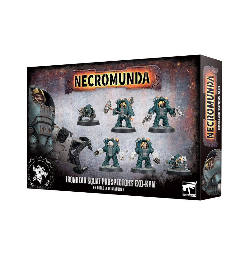 The Necromunda: Squat Prospectors Exo-Kyn box by Games Workshop features plastic armored dwarf miniatures on Citadel bases, with the Necromunda logo and helmeted character artwork on the packaging.