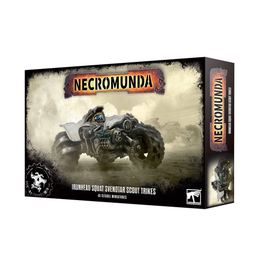 Box art for Necromunda: Ironhead Squat Svenotar Scout Trikes, featuring a sci-fi trike vehicle and logo with post-apocalyptic design elements. Produced by Games Workshop, this set includes plastic miniatures mounted on Citadel bases.