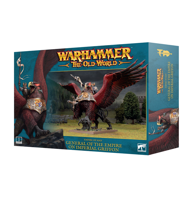 The Warhammer The Old World: Empire of Man - General of the Empire on Imperial Griffon box from Games Workshop features plastic miniatures of a General riding an armored griffon, depicted in vivid fantasy battlefield artwork. The packaging has a blue background with yellow and red text.