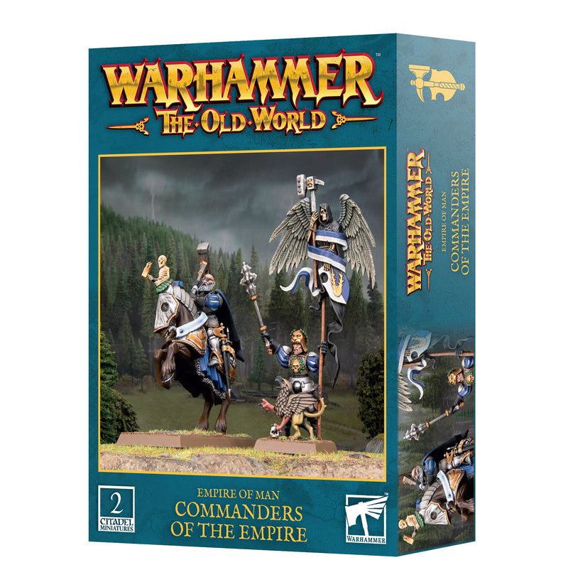 Warhammer The Old World: Empire of Man - Commanders of the Empire is a box set of plastic miniatures featuring two detailed fantasy figures—one mounted on horseback and the other standing on foot holding a banner, both clad in blue and gold armor. Produced by Games Workshop, each model stands securely on Citadel bases for enhanced stability and display.