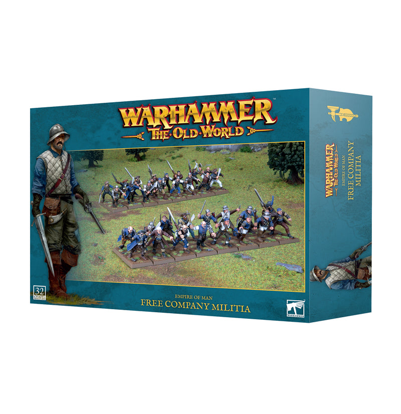 Box of Warhammer The Old World: Empire of Man - Free Company Militia from Games Workshop, featuring plastic miniatures displayed on Citadel bases and showcasing a large illustration of a militia soldier on the front.