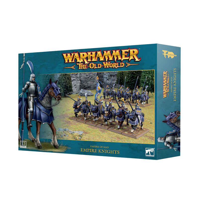 Box art for Warhammer The Old World: Empire of Man - Empire Knights, featuring painted miniature knights in blue armor riding horses, displayed on Citadel bases, with the Games Workshop logo and product information visible on the packaging.