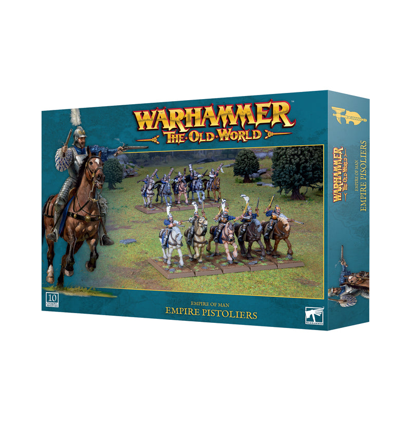 Box of Warhammer The Old World: Empire of Man - Empire Pistoliers miniatures, featuring artwork of mounted soldiers with pistols riding through a grassy landscape. The packaging displays official Games Workshop branding and includes Citadel bases.