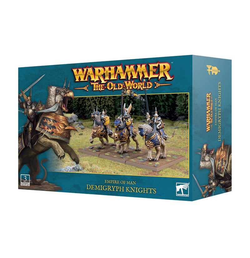 Warhammer The Old World: Empire of Man - Demigryph Knights is a box set featuring plastic miniatures of armored knights mounted on griffin-like beasts atop Citadel bases, presented against a scenic battlefield backdrop.
