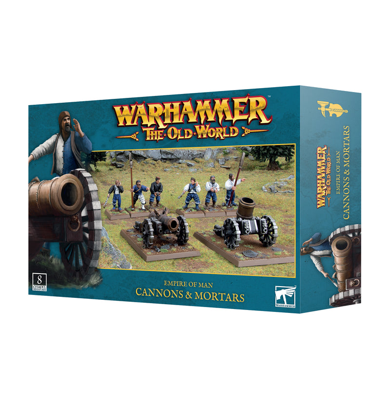 Warhammer The Old World: Empire of Man - Cannons & Mortars by Games Workshop, including assembled plastic miniatures of soldiers, cannons, and mortars on Citadel bases, displayed against scenic terrain.