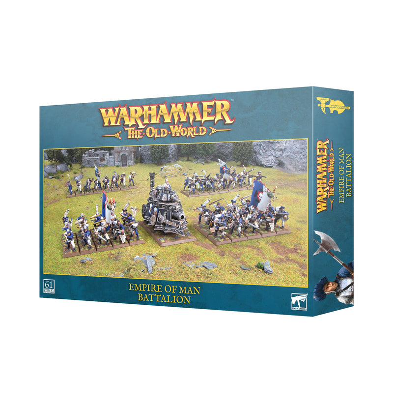 Box of Warhammer The Old World: Empire of Man - Battalion miniatures by Games Workshop, featuring painted figures in a dynamic battle scene on the front, set against a backdrop of blue sky and grassy landscape.