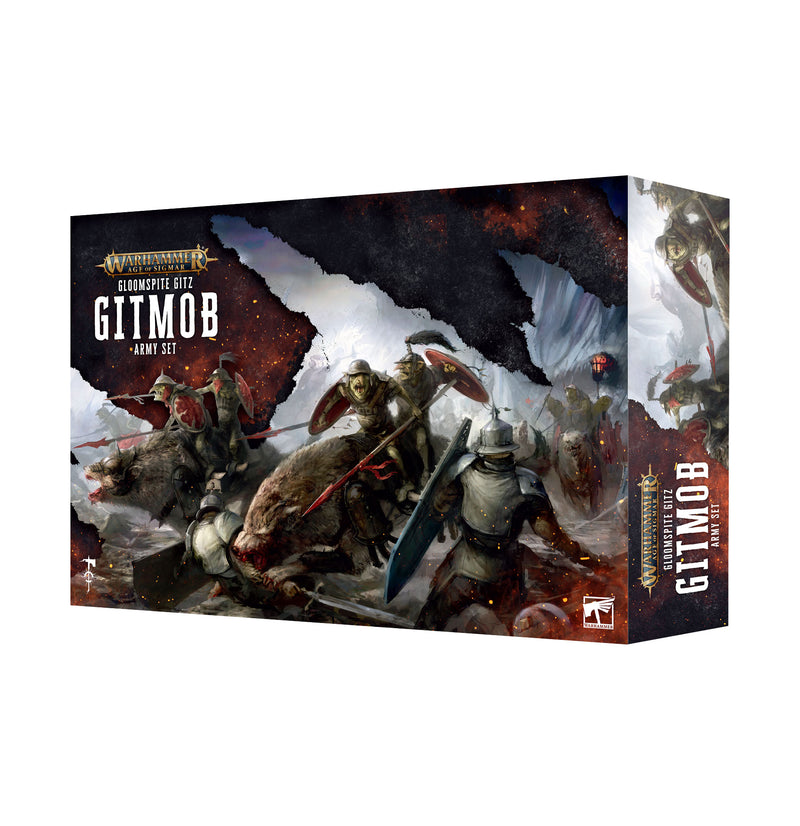 Box of Warhammer Age of Sigmar: Gloomspite Gitz - Army Set by Games Workshop, featuring fantasy goblin warriors in combat, including some mounted on wolves, with striking dark artwork and the product name displayed prominently. Includes a Battletome to bolster your Gloomspite Gitz forces.