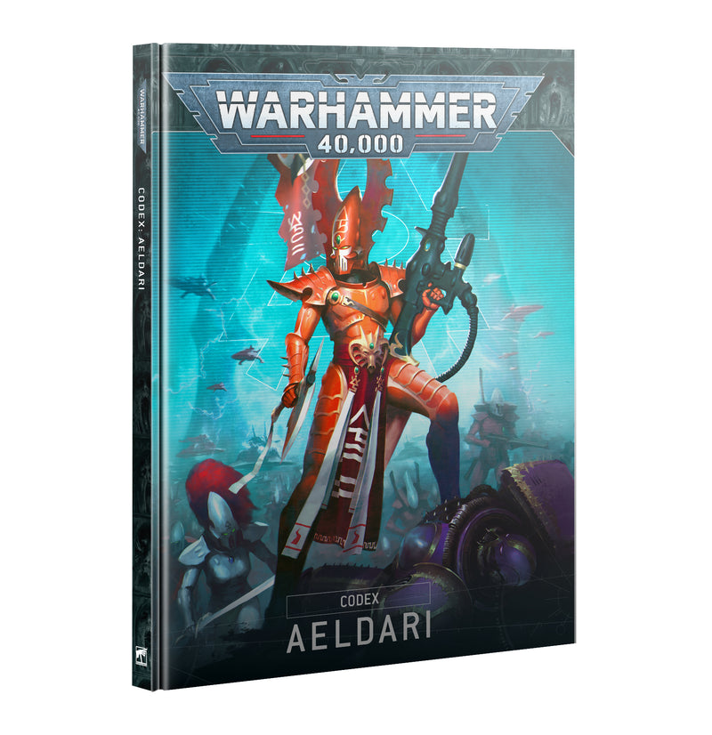 The image displays the cover of Warhammer 40k: Aeldari - Codex, showing a red-armored Aeldari warrior with spear and banner.