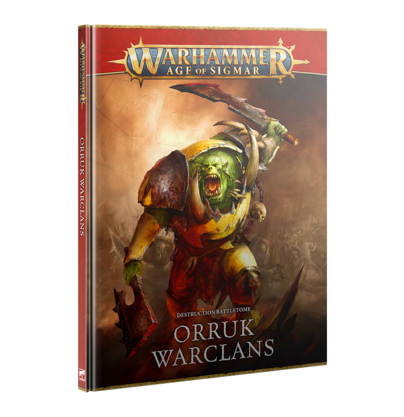 Cover of Warhammer Age of Sigmar: Orruk Warclans – Battletome (2025), showing a fierce green orc warrior in Ironjawz armor, axe and shield raised, charging into battle with an epic war scene behind.