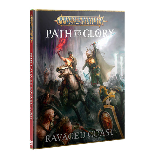 The cover of Warhammer Age of Sigmar: Path to Glory: Ravaged Coast showcases armored warriors locked in fierce combat, with a mounted fighter brandishing a flaming sword amid the chaos. This vivid Art captures the intensity and drama of the Path to Glory: Ravaged Coast campaign setting.