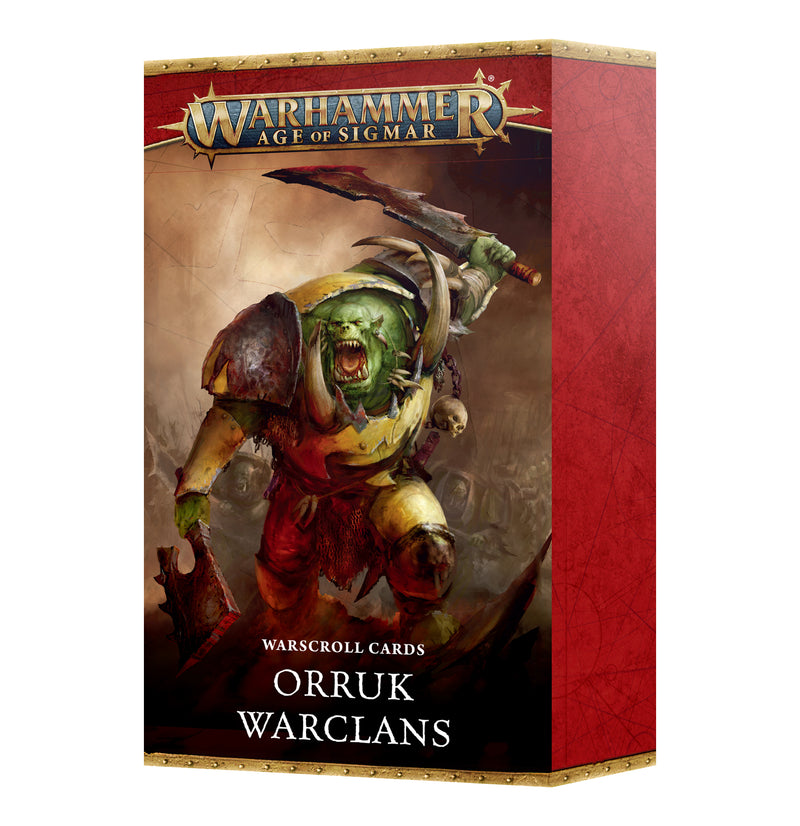 Box for Warhammer Age of Sigmar: Orruk Warclans - Warscroll Cards (2025), featuring a fierce green orc warrior in yellow armor wielding an axe and shield, labeled Ironjawz Bigmob.