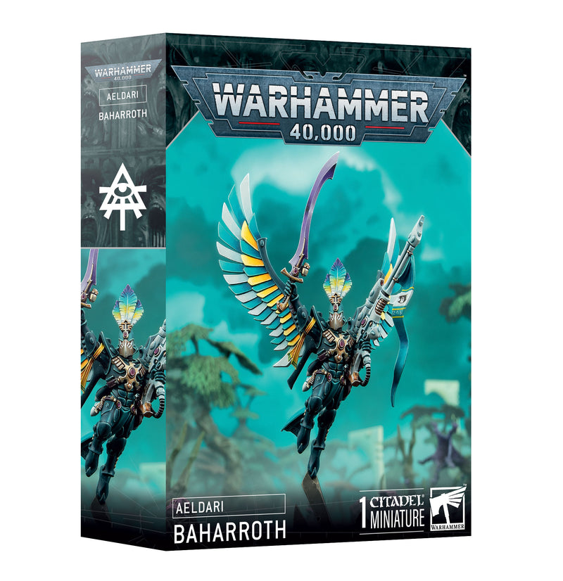 Box for Warhammer 40k: Aeldari - Phoenix Lord Baharroth miniature by Games Workshop, displaying the painted figure with wings and sword against a teal, cloudy background. Product branding and the Warhammer logo are visible.