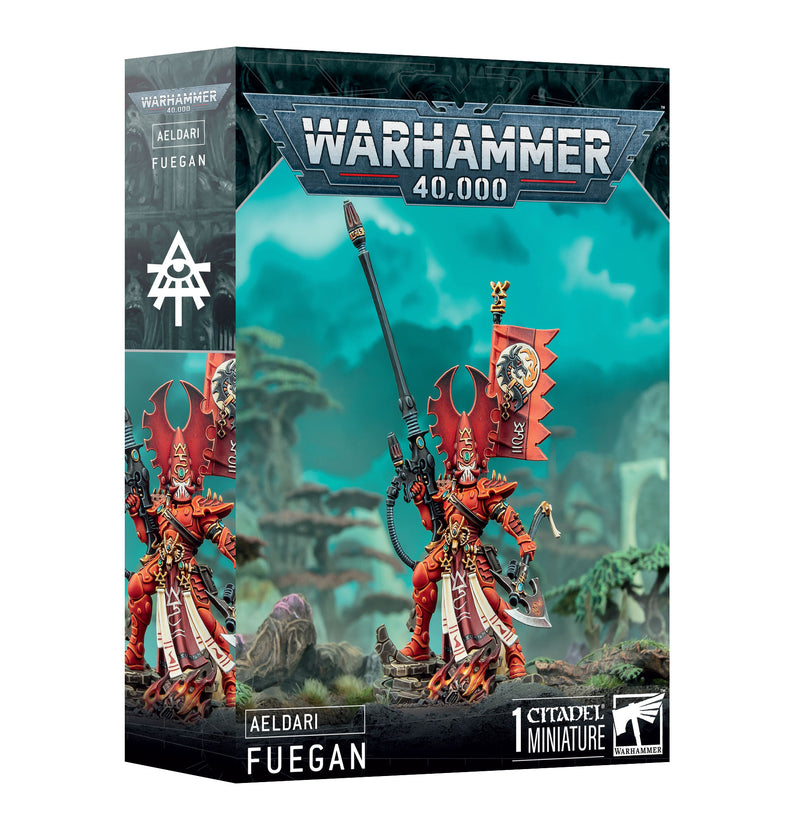 Box containing the Warhammer 40k: Aeldari - Phoenix Lord Fuegan miniature from Games Workshop, featuring the painted figure in striking red armor wielding a large weapon, displayed against a fantasy jungle backdrop. Includes a Citadel 40mm Round Base.