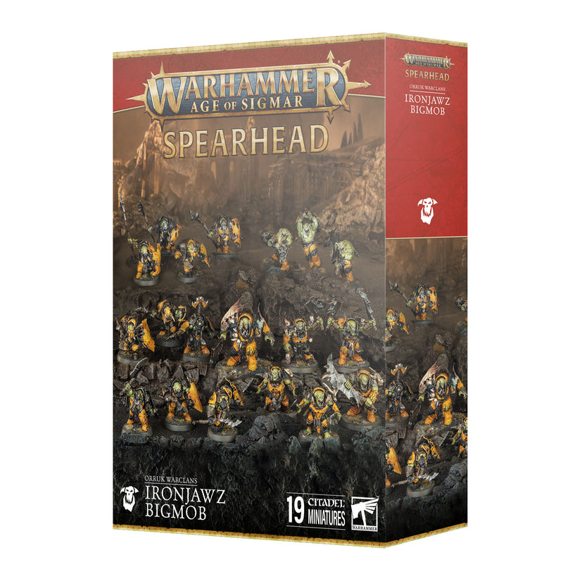 Warhammer Age of Sigmar: Spearhead – Orruk Warclans boxed set with 19 miniatures, packaging shows Megaboss and Ardboyz orcs.
