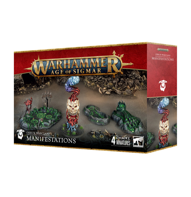 Warhammer Age of Sigmar: Orruk Warclans - Manifestations includes four mystical miniatures on rocky terrain in a red box.