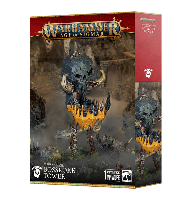 The Warhammer Age of Sigmar: Orruk Warclans - Bossrokk Tower box shows a painted Bossrokk Tower on a 100mm base in rocky terrain.