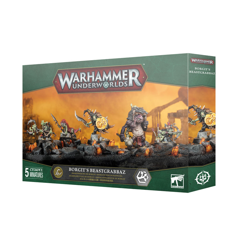 Warhammer Underworlds: Borgit's Beastgrabbaz box has five orc miniatures in battle poses with weapons, orange rocky backdrop, logos.