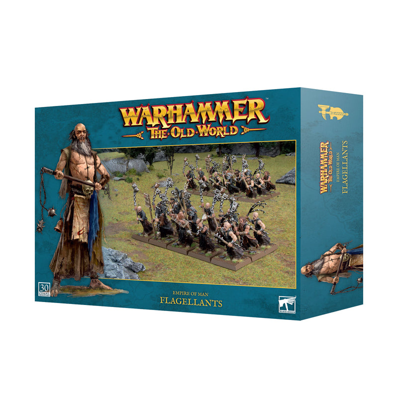 Box art for Warhammer The Old World: Empire of Man - Flagellants with painted miniatures and info on a blue background.