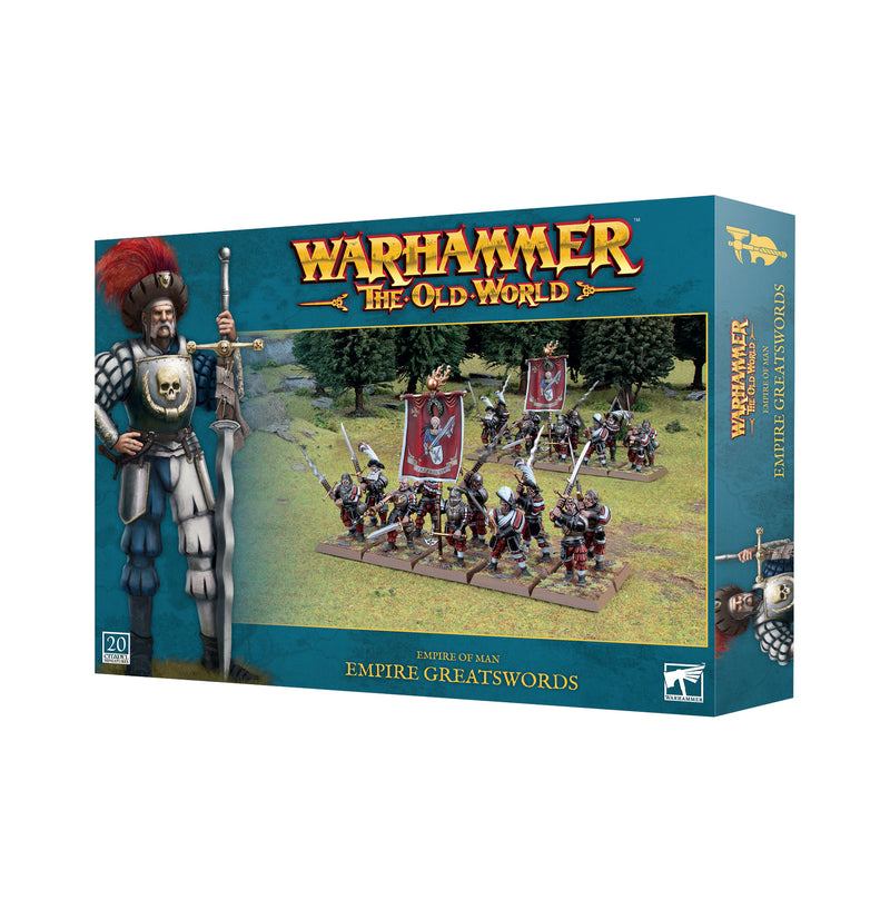 Box of "Warhammer The Old World: Empire of Man - Greatswords" by Games Workshop with Empire Infantry miniatures and soldier artwork. Blue background, gold/red text.
