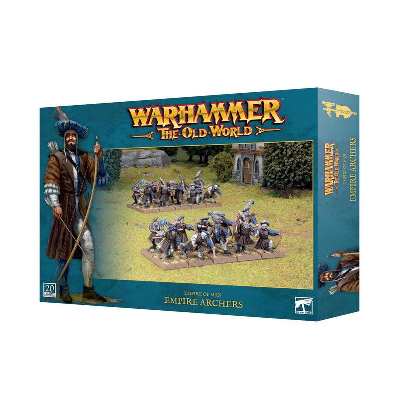Warhammer The Old World: Empire of Man - Archers box by Games Workshop shows painted Empire Archers miniatures on 25mm square bases.