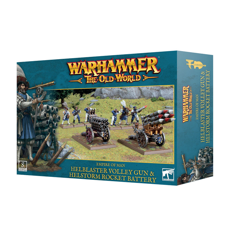 Warhammer The Old World: Empire of Man - Helblaster Volleygun by Games Workshop, featuring plastic miniatures and painted soldiers displayed on Citadel bases.