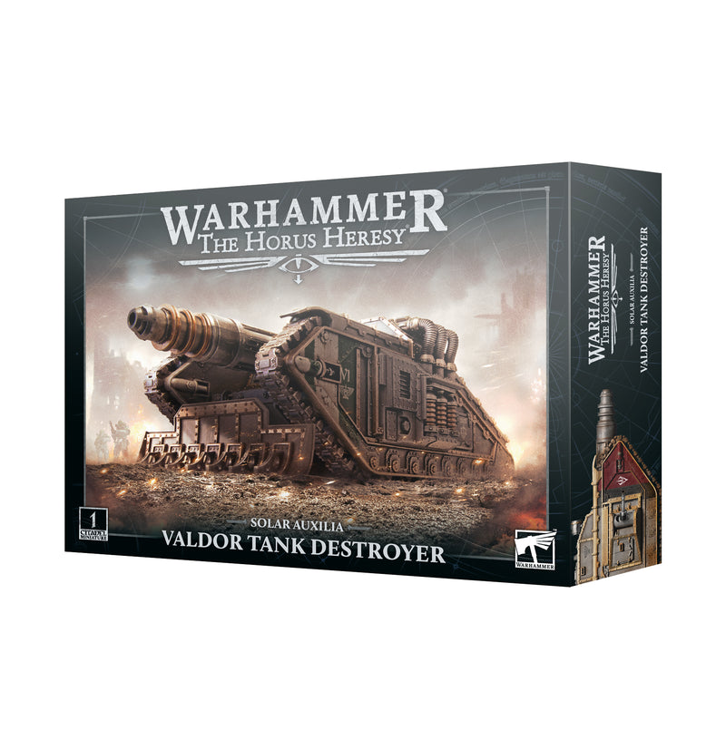 A box for the Horus Heresy: Solar Auxilia - Valdor Tank Destroyer miniature kit, featuring detailed sci-fi tank artwork and Games Workshop branding on the front.