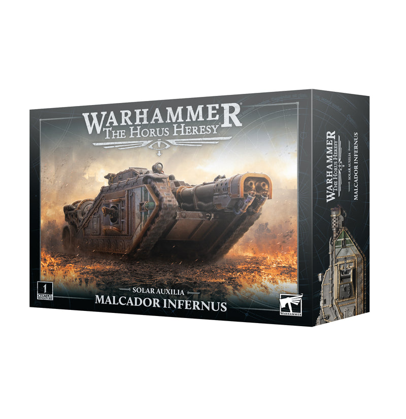 Box art for Horus Heresy: Solar Auxilia - Malcador Infernus by Games Workshop, showing a detailed tank model with smoke in the background, plus a vehicle transfer sheet for customisation.